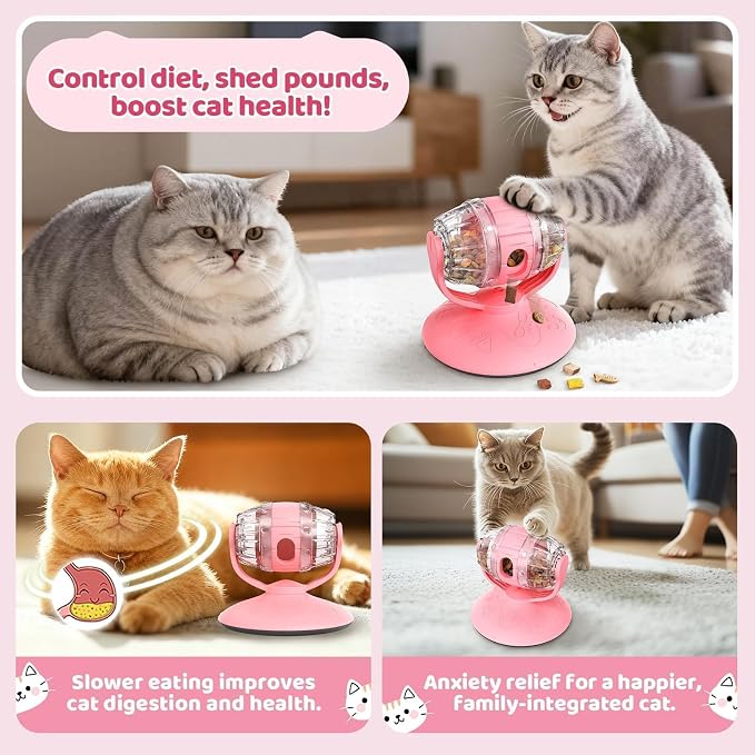 Interactive Cat Treats Dispenser Toy, Puzzle Feeder Food Dispenser, Kitty Interactive Enrichment Toys, Dispensing Foods Slow Feeder National Pet Day Gifts for Indoor Cats IQ Training, Pink