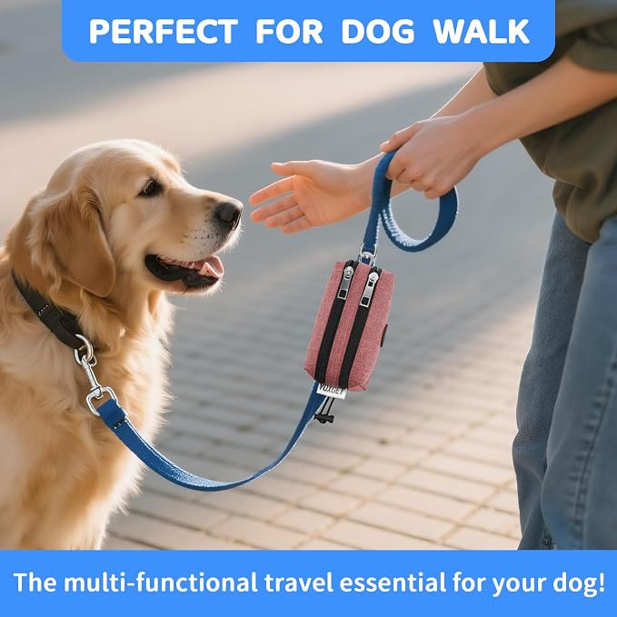 Dog Poop Bag Holder with Treat Pouch, 2 Zipper Pockets & Leash Clip