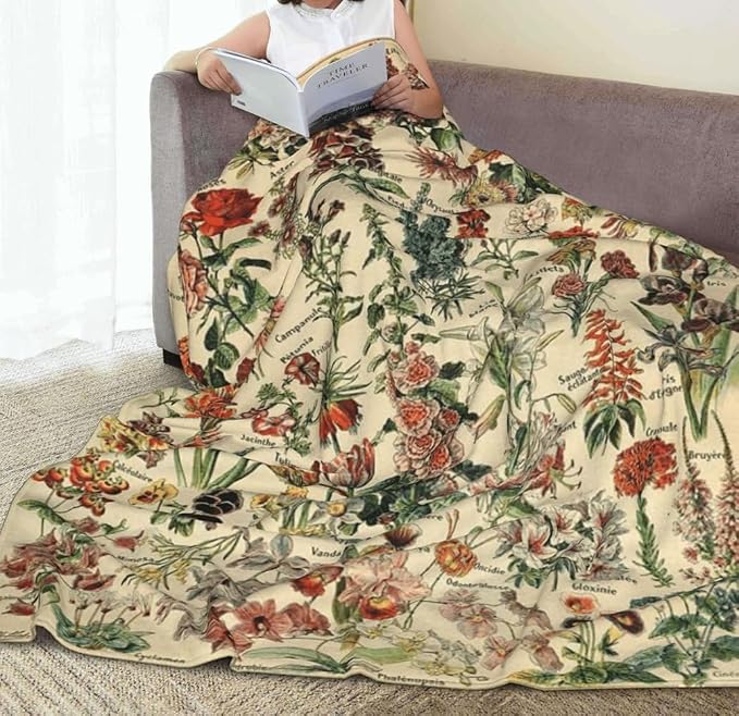 Vintage Flowers Throw Blanket 59”x51” Long Vertical Reference Illustrative Botanical Throws for Bedroom Aesthetic Floral Blankets Botanical Plants Throw Blanket Cute Bedroom Decor