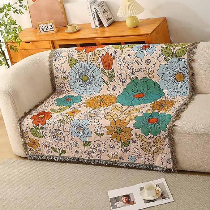 Homesy Aztec Throw Blanket Flower Native Southwestern Bed Blankets 51"x63" | Southwest Decor,Boho Style,Sofa Chair Cover,Outdoor Beach Car Tent Travel Camping Use,Tapestry,Reversible and Tassels