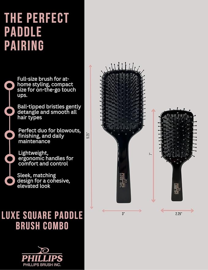 Phillips Brush Luxe Series Square Paddle Hairbrush Combo Pack – Full Sized 9.25 inch Detangler + 7 inch Petite Size Travel Detangler, Sleek Black Color with Gold Accents
