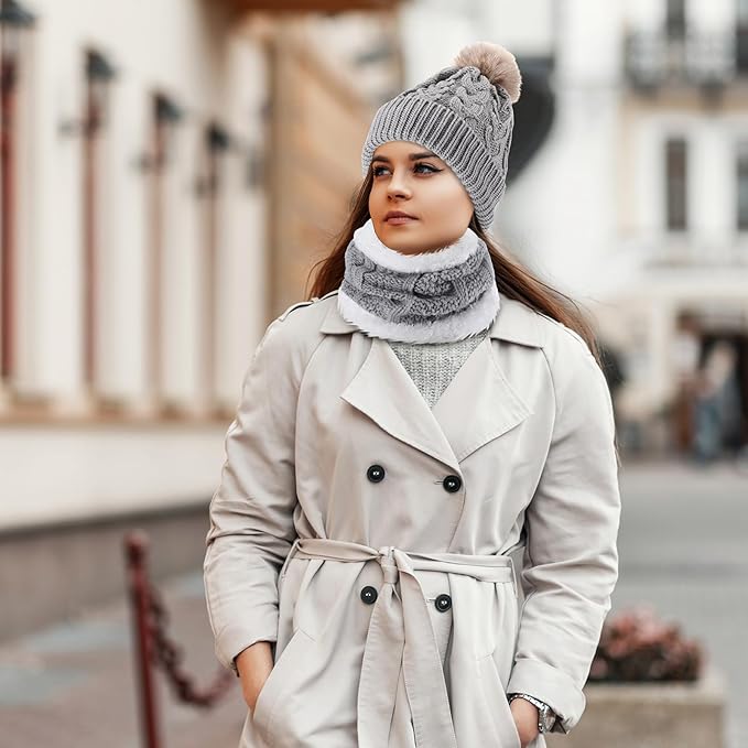 SATINIOR 5 Pcs Winter Hat Scarf Gloves Set Fleece Warm Lined Knit Beanie Hat Touch Screen Earmuff Gloves Warmer for Women(Gray,Vivid Style)