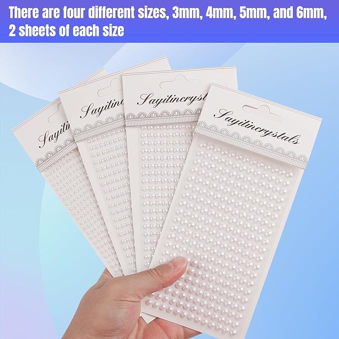 8 Sheets Rhinestone Stickers,3584 Pcs Gem Stickers for DIY Face Eyes Makeup Hair(Pure White Pearl-3/4/5/6mm)