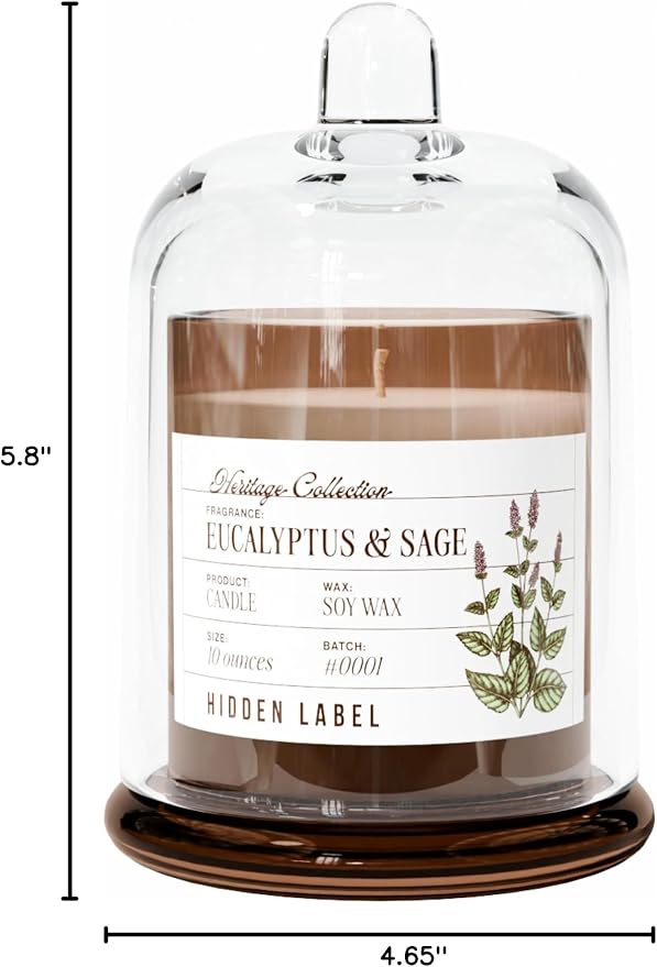 Hidden Label Eucalyptus & Sage Candle, 10oz Soy Bell Jar, 55H Aromatherapy | 60 Hours Burn | Mountain Fresh Essential Oils | Non Toxic Plant Wax | Clear Glass Dome Home Decor | Focus & Wellness Gift