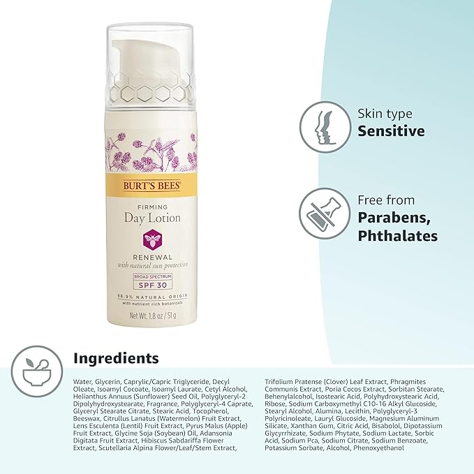 Burt's Bees Renewal SPF 30 Firming Day Face Lotion With Bakuchiol,Sunscreen Face Lotion With Natural Retinol Alternative,98 Percent Natural Origin Skin Care,1.8 oz. Tube,(Pack of 2)