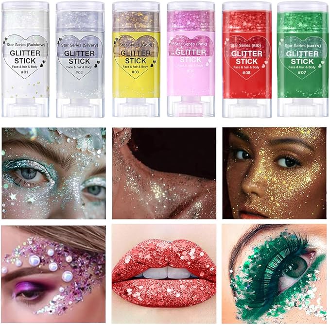 Green Hair Glitter Stick,Christmas Face Glitter Makeup,Waterproof Shimmer Elphaba Costume Accessories,St Patrick's Day Outfit for Women,Mardi Gras Body Glitter Rave Singer Concert