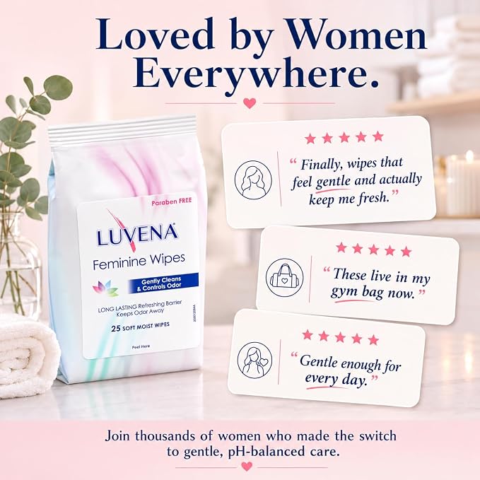 Luvena Soft Feminine Wipes for Women Cucumber Scented 25 Count Pack of 1 | pH balanced hypoallergenic cleansing cloths with aloe vera and natural enzymes, dermatologist tested and paraben free