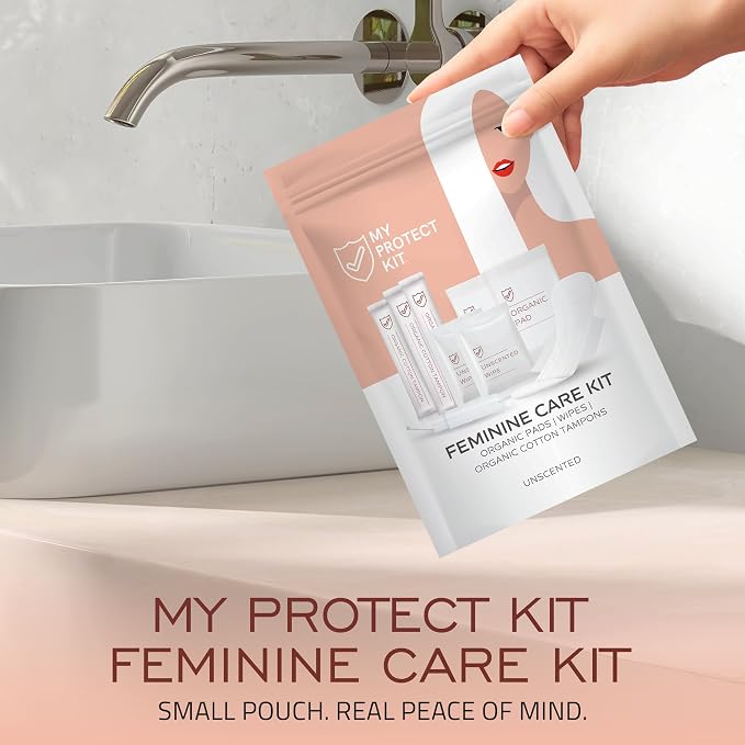 MY PROTECT KIT Feminine Care Kit - 11 Pieces First Period Kit, Compact Hygiene Set for Women, Essentials with Organic Cotton Tampons, Organic Pads & Wipes, Pack of 1