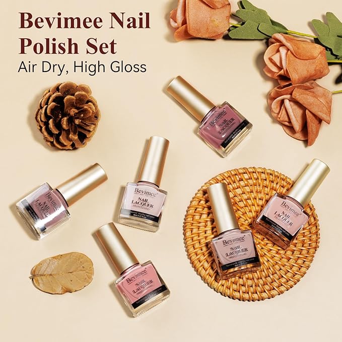 Pink Quick Dry Nail Polish Set 6 Colors Vegan Nail Lacquer Nude Brown Air Dry Glitter Fingernail Polish Regular Neutral Wedding Color Non Gel DIY Salon Gift for Women