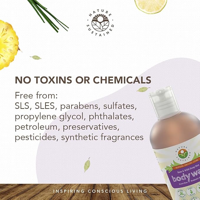 Nature Sustained Organic Body Wash & Face Wash β Raw & Wildcrafted with Probiotics, Soapberry Formula for Eczema & Psoriasis - Wild Plants Selected for Sensitive & Dry Skin, 9oz, Original