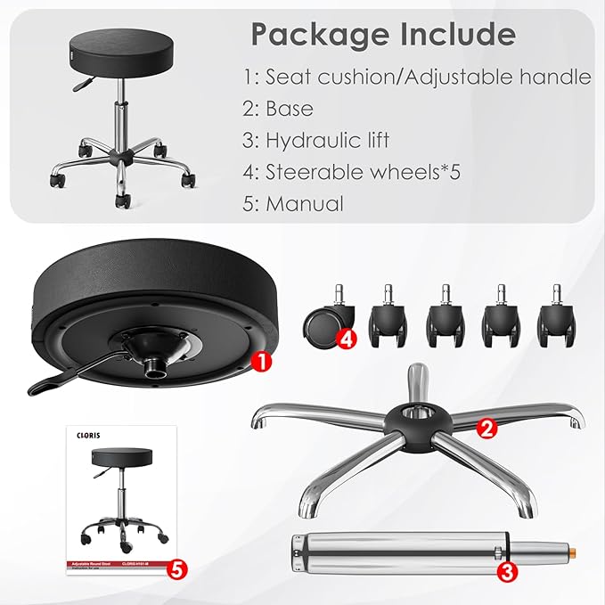 CLORIS Round Rolling Stool Hold up to 400 LBS Height Adjustable Swivel Chair Metal Feet with Wheels for Spa, Massage, Salon, Home, Office, Medical, Tatoo, Bar Black