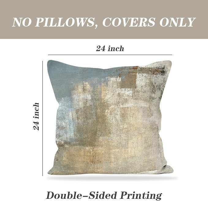 Grey and Beige Abstract Art Contemporary Pillow Cover, Modern Neutral Decorative Throw Pillows Cushion Cover for Bedroom Sofa Living Room 24 x 24 Inch Set of 2