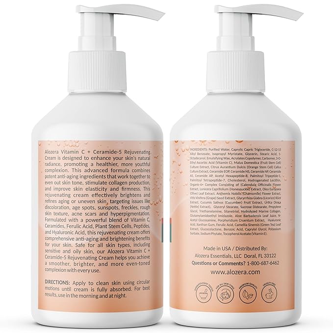 Alozera Vitamin C Body Lotion with Ceramides & Stem Cells, Anti-Aging Moisturizer Cream for Noticeably Youthful, Even Skin Tone, Lightweight, Fragrance-Free, 16.9 oz 2-Pack