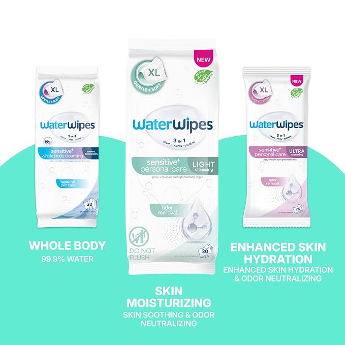 WaterWipes Sensitive Personal Care Light, Incontinence Wipes, Odor Removal, XL Textured Wipes, Fragrance Free, 180 Count (6 Packs)