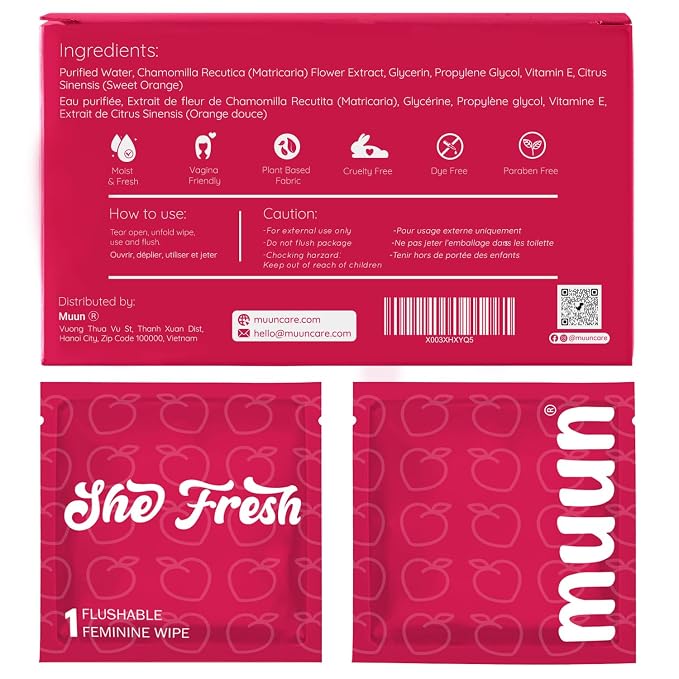 Muun Feminine Wipes Flushable Bulk - 120 Counts, Individual Vaginal Wipes Ph Balance, Anti Itch Deodorant Hygiene Wrapped Personal Cleansing - Wet Wipes for Intimate, Butt