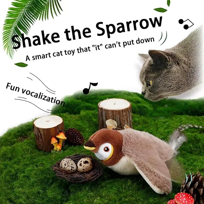 Interactive Chirping Bird Cat Toys with Flapping Wings,No Flying Birds Cats Toy, Flying Simulation Electric Sparrow Shaking Hunting Pet Toy for Indoor (Brown Upgrade)