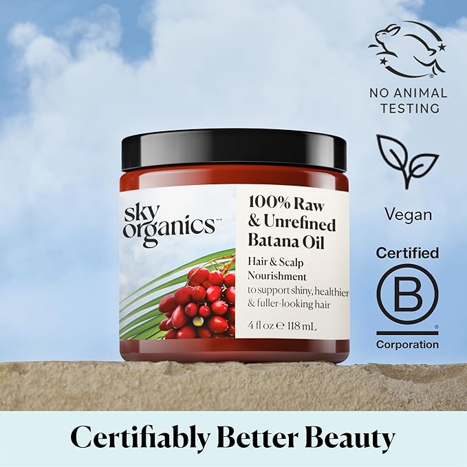 Sky Organics - Batana Oil, 4 fl oz - 100% Raw & Unrefined - Hair & Scalp Nourishment - Fatty Acids, Antioxidants, & Vitamins - Sourced from Honduras - Vegan & Cruelty Free - Hair Care & Self Care