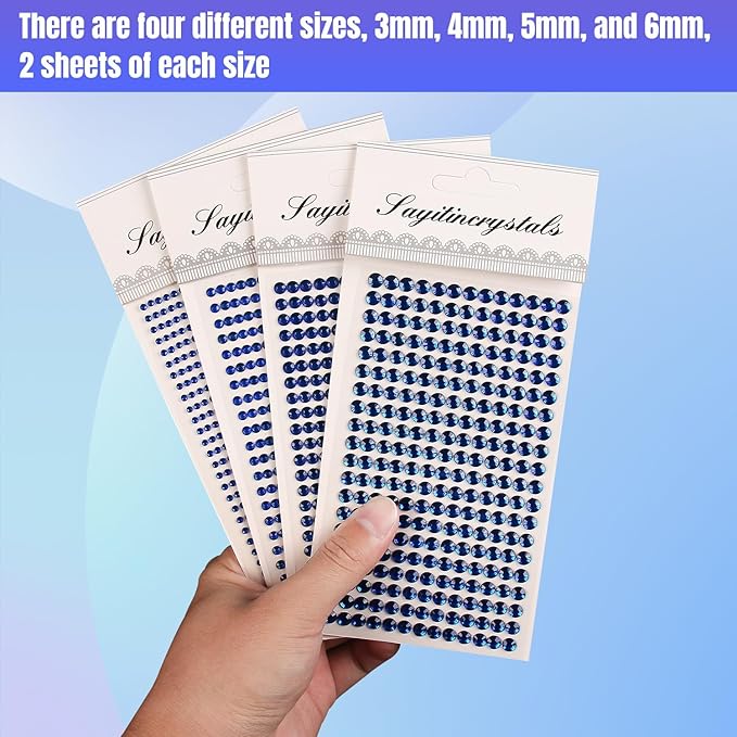 8 Sheets Rhinestone Stickers,3584 Pcs Gem Stickers for DIY Face Eyes Makeup Hair(Deep Blue-3/4/5/6mm)