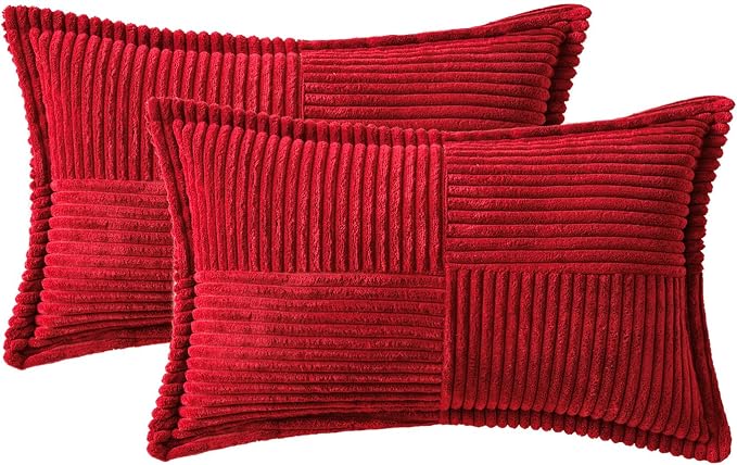 MIULEE Decorative Lumbar Throw Pillow Covers 12x20 Inch Red 2 Pack | Boho Broadside Striped Patchwork Pillow Covers, Soft Corduroy Cushion Cases, For Couch Sofa Bed Livingroom Home Decor