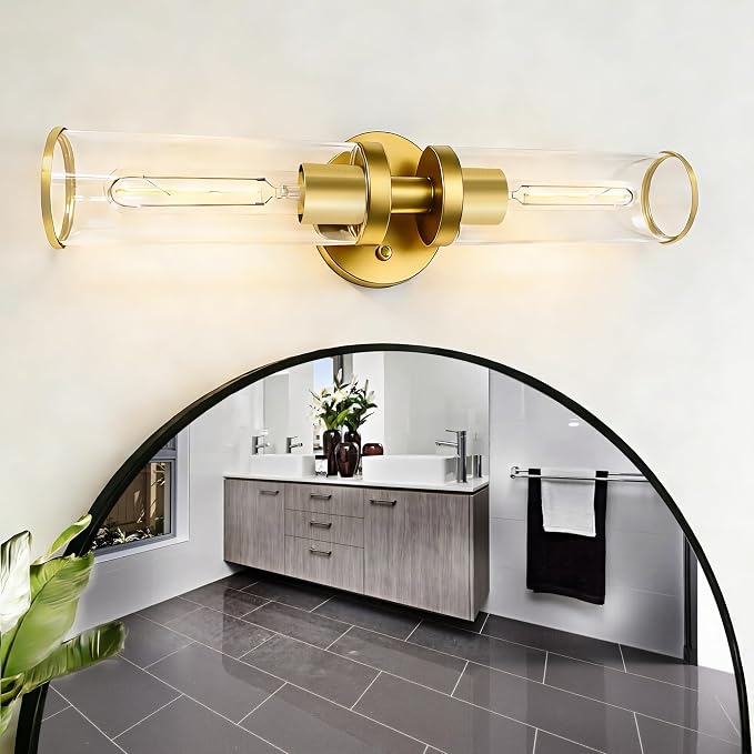 Gold Wall Sconces, Bathroom Sconces Vanity Light Fixtures with Clear Glass, Set of 2, Brushed Gold Sconces Wall Decor, for Living Room/Bathroom Corridor Mirror/Bedroom Hallway Stairwell