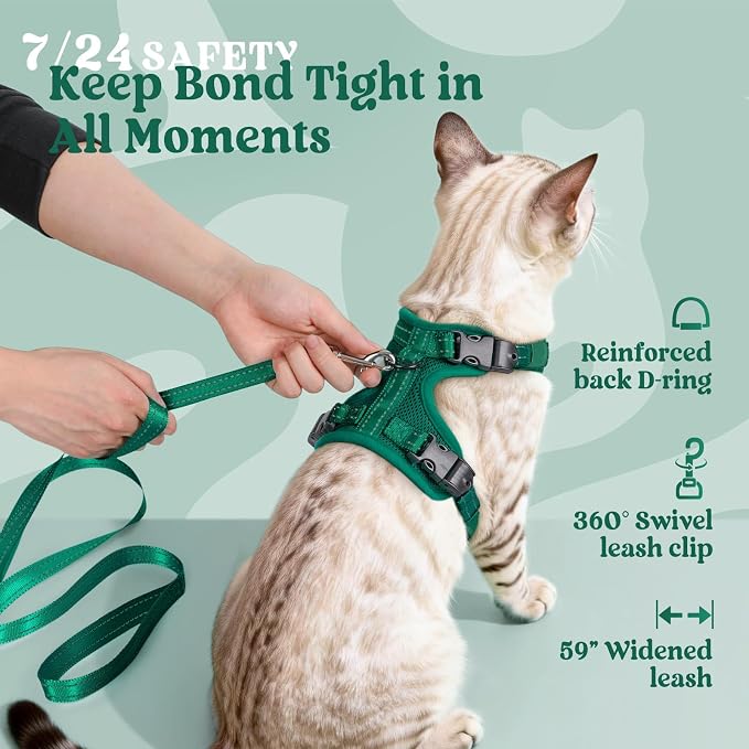 rabbitgoo Cat Harness and Leash, Easy-on with Neck Buckle, Dark Green