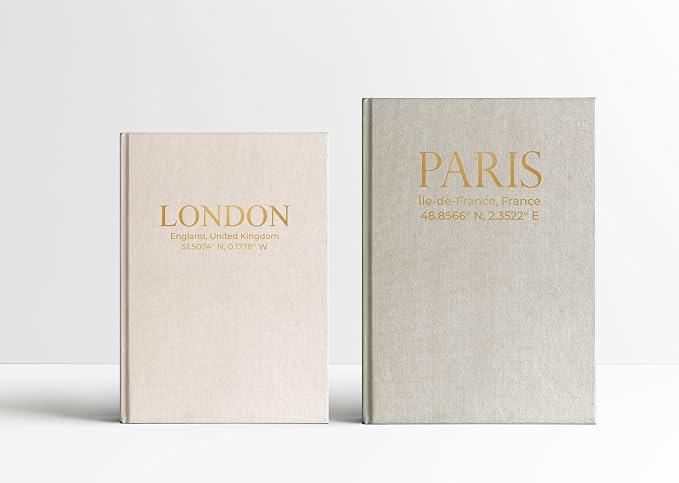 Decorative Books with Storage – Set of 2 Faux Linen Book Boxes with Gold Stamped Covers – Enhance Your Coffee Table, Bookshelf or Mantle Decor – Hidden Storage for Photos, Keepsakes, and Jewelry