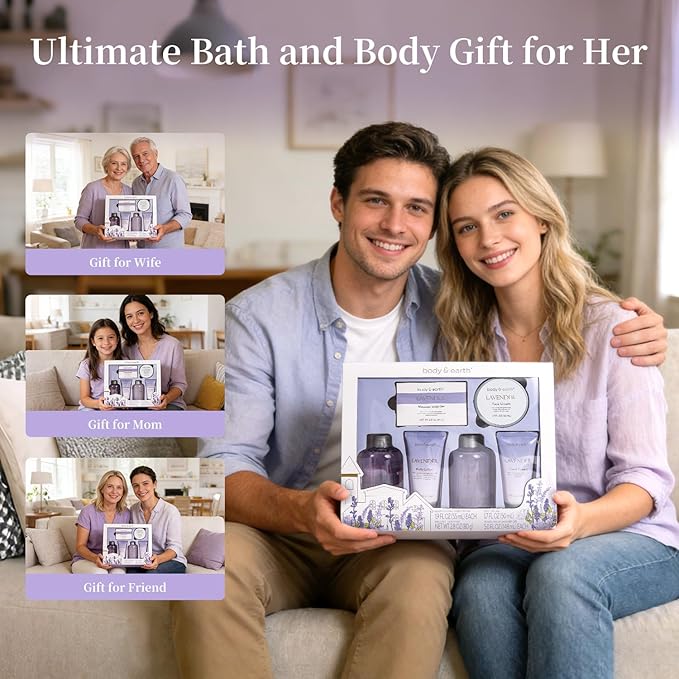 BODY & EARTH Bath and Body Gift Set - 6 Pcs Lavender Bath Kit for Women Spa Set, Birthday, Mother's Day Gift Set for Women Includes Bubble Bath, Shower Gel, Body Lotion