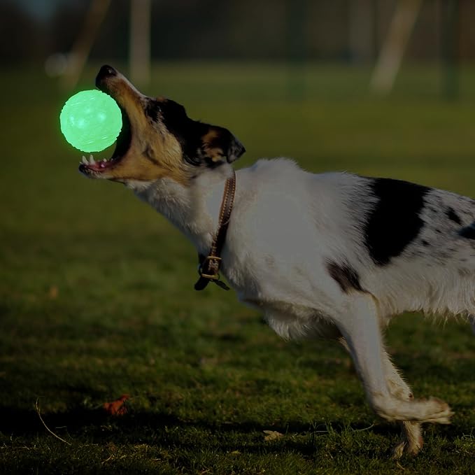 LECHONG 4-Pack 3.5” Glow Squeaky Dog Balls,Bouncy Glow in The Dark Dog Ball with Squeaker, Durable Dog Rubber Ball Toys Glowing Fetch Balls for Medium Large Dogs Nighttime Playing Indoors & Outdoors