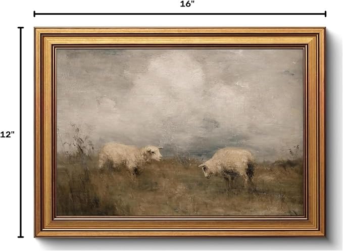 ZLPLLHA Gold Framed Wall Art Vintage Wall Decor Sheep Canvas Art Animal Pictures Rustic Landscape Paintings Scenery Artwork Farmhouse Prints For Living Room Bedroom Office
