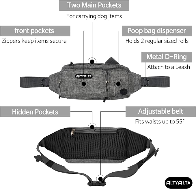 EZ Dog Walking Fanny Pack, Dog Training Treat Pouch, Easy for Walking with Dogs, Belt Bag with 6 Pockets and Waste Bag Dispenser