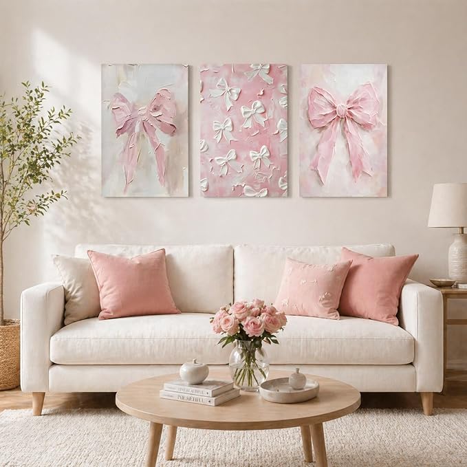 Pink Bow Canvas Wall Art Set of 3 Trendy Preppy Oil Painting Posters Wall Decor Cute Coquette Print Picture Girly Aesthetic for Back to School Girls Bedroom Bathroom College Dorm 16x24 In Framed