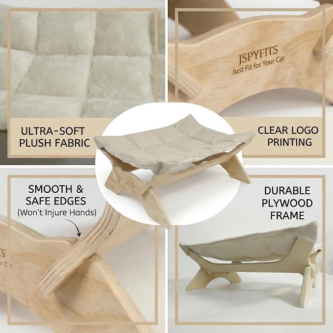 JSPYFITS Elevated Cat Bed Hammock, Raised Cat Bed with Dual-Sided Plush & Linen Cushion, Machine Washable & Breathable Cover Tool Free Easy Assembly, up to 66Lbs (White)