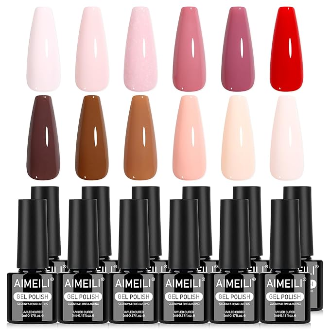 AIMEILI Gel Nail Polish Set Hema Free 12 Colors Nude Baby Pink Purple Soak Off U V LED Nail Art Manicure Salon DIY at Home for Women - Kit 42