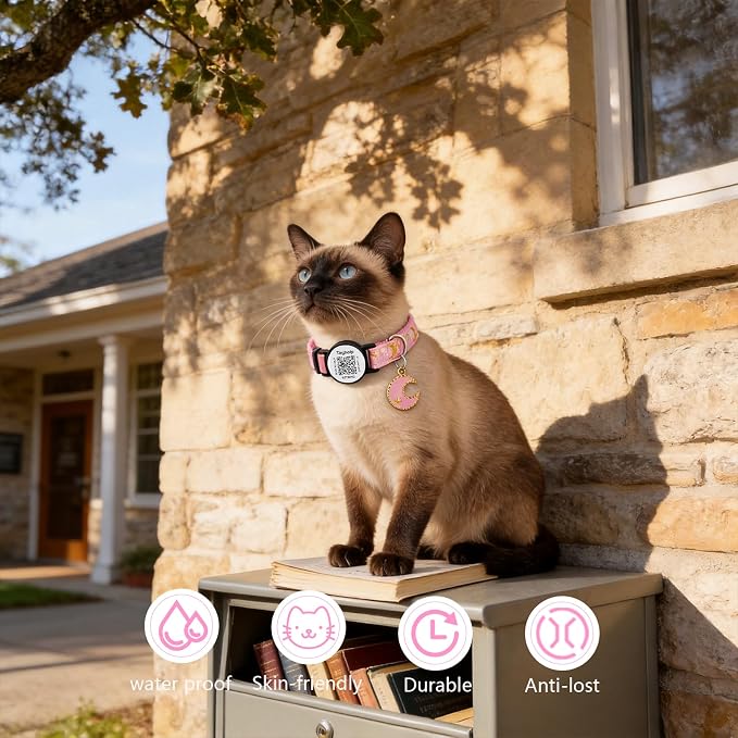 The Ultimate QR Code Pet ID Collar 4-Pack | Breakaway Adjustable Cat Collars with Secure Online Profile | Never Lose Your Cat with Cute Moon & Stars Design (Star & Moons - 4 Pack)