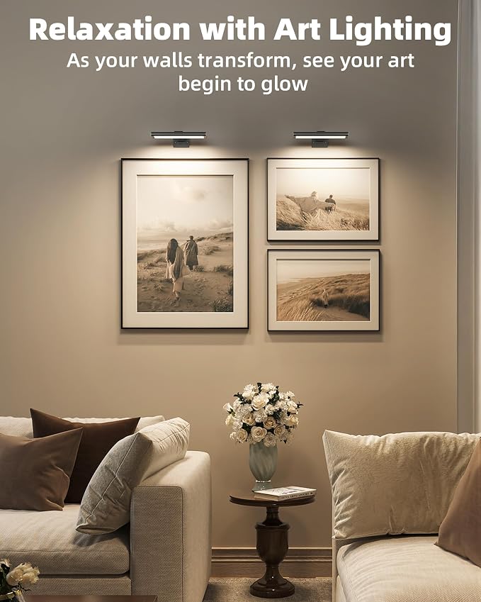 EZVALO Picture Light for Wall, Rechargeable 2400mAh Lights Wireless with IR Remote, 3 Color & Dimmable Magnetic 7.87'' LED Lights Display for Painting, Living Room, Gallery, Bedroom Art(Black-2P)