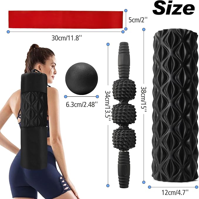 JOYENERGY 5 in 1 Foam Roller Set Trigger Point Foam Roller, Massage Roller Stick, Massage Ball, Stretching Strap for Deep Muscle Massage Pilates Yoga, Fitness Exercise for Whole Body (Black Diamond)