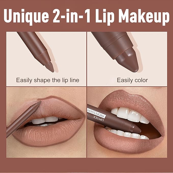 Brown Lip Liner Lipstick Set - Lip Combo Matte Lip Liner Pencil Long Lasting Gradient Lipstick for Women Easy to Use Crayon Cone Tip Smooth Creamy Texture Lip Contour Makeup Kit for Daily/Party