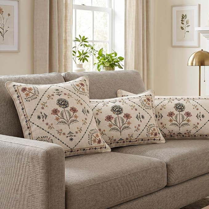Designer Vintage Linen Throw Pillow Cover,20"x12"-Cornucopia B | Elegant French Rectangle Pillow Cover,Concealed Zipper Design,Floral Pattern,Sofas,Bedroom,Living Room,Lounge Chairs