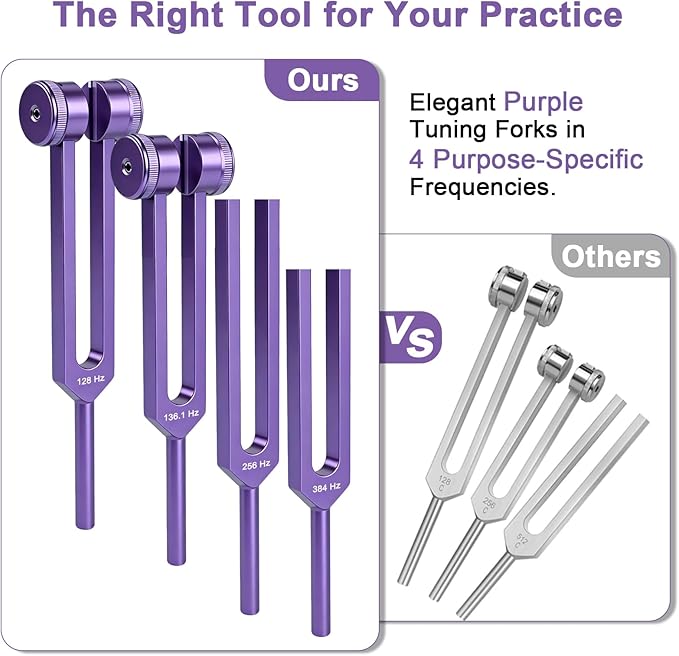 Tuning Forks for Healing Set — Includes 4 Frequency Tuning Forks (128Hz, 136.1Hz, 256Hz, 384Hz) and Reflex Hammer, Sound Healing Instruments for Chakra Sound Therapy, Yoga & Meditation Accessories