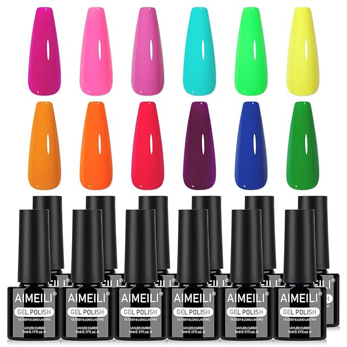 AIMEILI Neon Gel Nail Polish Set 12pcs, Hema Free, Cruelty Free, Vegan, Soak Off U V LED Nail Art Manicure Salon DIY for Women - Kit 35