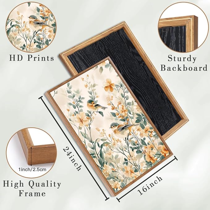ANHUIB Large Vintage Floral Bird Framed Wall Art 16x24 Inch Beige Botanical Pictures Wall Decor Nature Wildflower Canvas Painting Set of 3 Retro Neutral Flower Artwork for Living Room Bedroom Barhroom