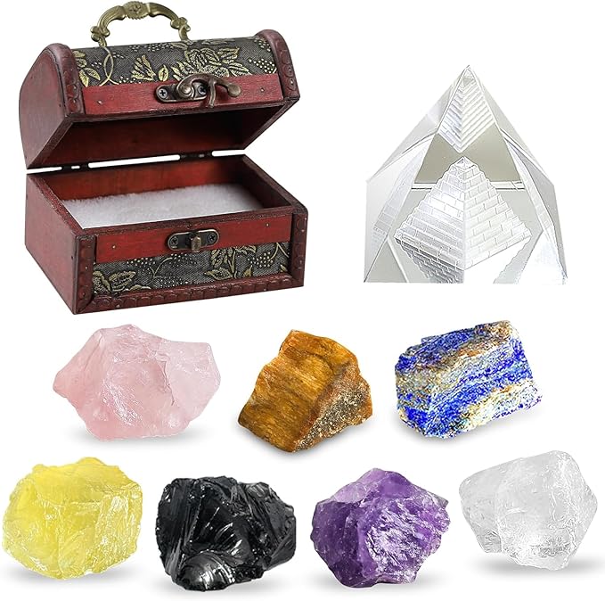 Crystals and Healing Stones, 21 Pcs Healing Crystals Set, 7 Chakra Crystal Stones Set Real Natural Raw Selenite Pyramid Reiki Energy Meditation Chakra Kit with Wooden Box, Crystal Gifts Set for Women