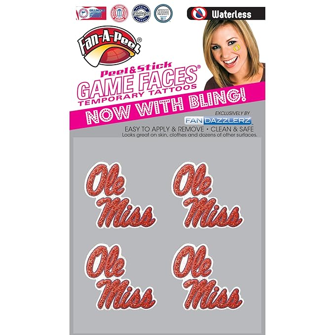 Mississippi Rebels Glitter temporary face tattoos-Ole Miss bling face decals-4 pack