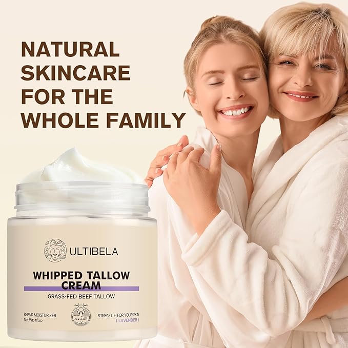 100% Grass-Fed Handmade Beef Tallow for Skin Care, Whipped Tallow and Honey Balm for Body & Face Natural Body Cream for Dry & Sensitive Skin, 4OZ (Lavender)