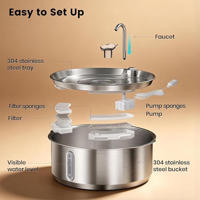 Invengo 8L/270oz Quiet Stainless Steel Dog Water Fountain, 2 Filters | 50% Thicker 6mm Steel, Dual Filters, 6-Layer Deep Purification, Under 25dB Whisper-Quiet Operation, 2 Flow Modes