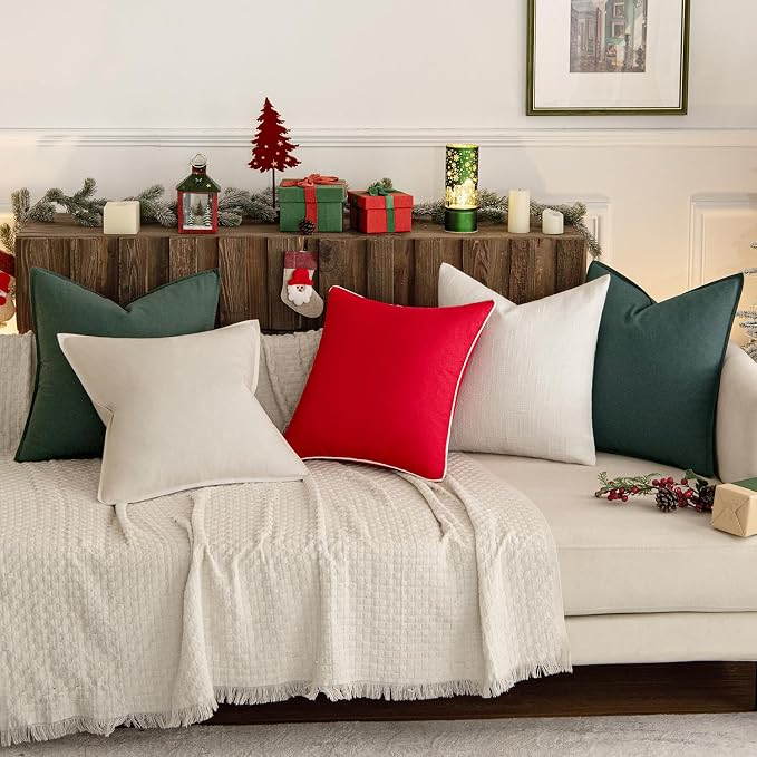 MIULEE Pack of 2 Christmas Linen Pillow Covers 18x18 Inch Dark Green | Boho Farmhouse Modern Accent Throw Pillows, Soft Neutral Cushion Covers, Home Decor for Sofa Couch Bed Living Room