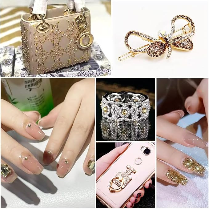 Beadsland 8300PCS Flatback Rhinestones, Gold Rhinestone Round Crystal Rhinestones for Crafts, Mixed 10 Sizes with Wax Pencil and Tweezer Kit, SS3-SS30, Golden Shadow