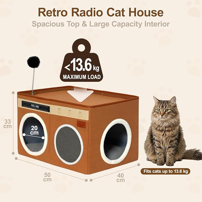 Retro Radio Cat House, Large Foldable Cat Bed Indoor Cat Cave | Spacious Multi-Cat Sleeping Hideaway Pet Nest, Non-Sticky Fur Fabric, Scratch Pad & Bendable Antenna Ball 13×19.7×15.8 Inches