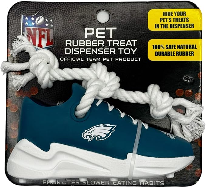 Pets First NFL Philadelphia Eagles Cleat Sneaker Spike Dog Toy, Football Treat Dispenser Chew Toy for Dogs, Interactive Rope Tug Toy, Slow Feeder Natural Rubber Dog Toy with Official Team Logo