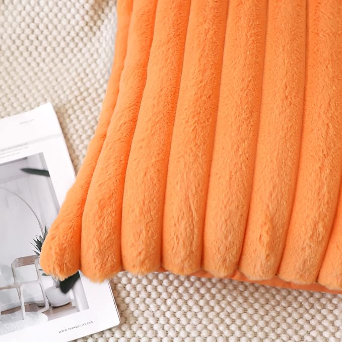 Soleebee Set of 2 Throw Pillow Covers Soft Cozy Velvet Pillowcase Faux Rabbit Fur Cover for Couch Sofa Bed Chair Home Decorative Pillows Cover (12x20 Inch, Orange)